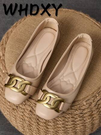 WHDXY 1 Pair Women's Square Toe Slip-On Flats, New Summer Flat Shoes With Metal Buckle, Casual Loafers, Fashionable & Elegant For Party And Daily Wear