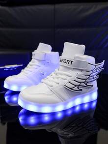 GUANGLAN USB Rechargeable Luminous Shoes With Flashing Lights, Children's Sports Shoes With Night Light, Suitable For Halloween, Christmas Gifts, Toddler/Little Kid/Big Kid Boys/Girls, Casual Sneakers For Spring/Autumn/Winter, High-Top Leather Shoes With Wings, Glow In The Dark Shoes - White - View 2