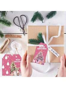 48/12pcs Pink Christmas Hanging Tags With Jute Rope, Santa Claus & Deer Design, Wooden Labels For Christmas Party, DIY Gift Wrapping, Holiday Decor, No Feather, No Power Required - متعدد الألوان - مشاهدة 3