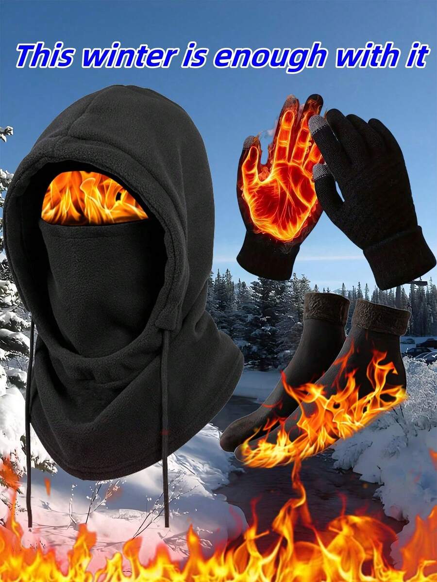 3/4pcs Set Winter Essentials: Touch Screen Gloves, Thick Lined Socks, Double-Layer Windproof Balaclava Hat With Ear Covers, Warm And Cold-Resistant, Suitable For Outdoor Activities, Winter Clothing Accessories Hat Gloves Socks Combo Set