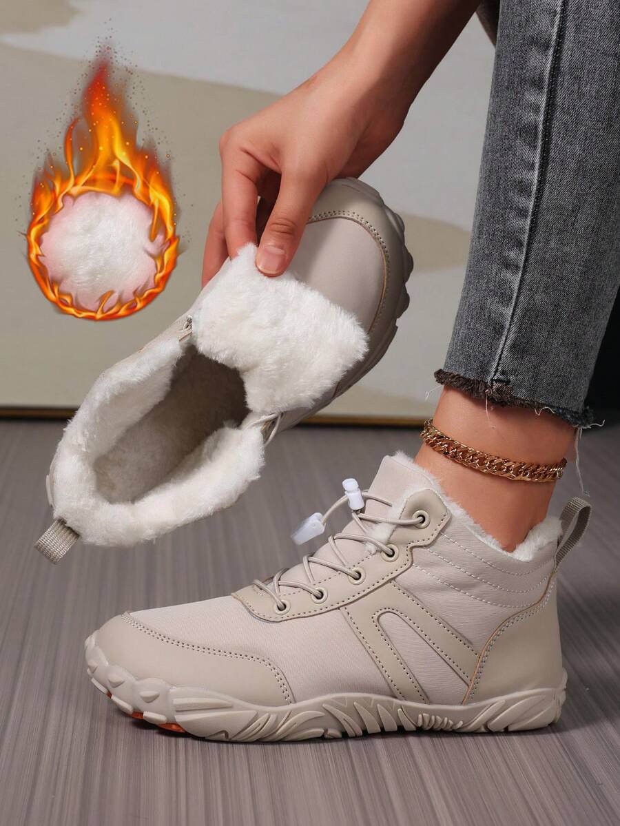 بوت ثلج نسائية قصيرة، بوت قصيرة دافئة مبطنة حرارياً للخارج، أصابع قدم عريضة مسطحة، بوت كاجوال مربوطة بسير للشتاء