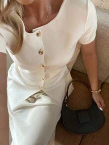 FOR BEAUTY Chân váy chữ A tối giản, thanh lịch, phong cách thành thị đường phố, chất liệu vải trơn, dành cho nữ, mùa xuân/hè, mặc hàng ngày và dịp năm mới, màu trắng. - trắng - Xem 4