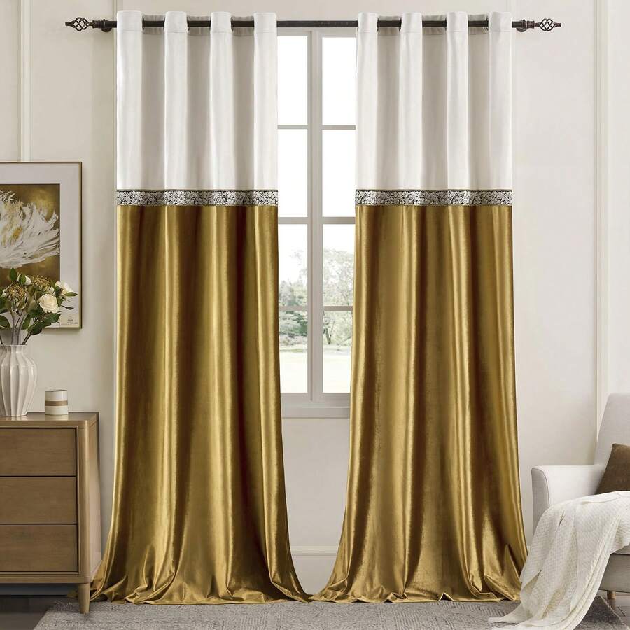 Velvet Vintage Curtains For Living Room 96 Inches Ivory Gold Window Treatment Curtain Embroidered Floral Drapes Blackout Retro Curtains 2 Panels Set - bạch kim - Xem 1