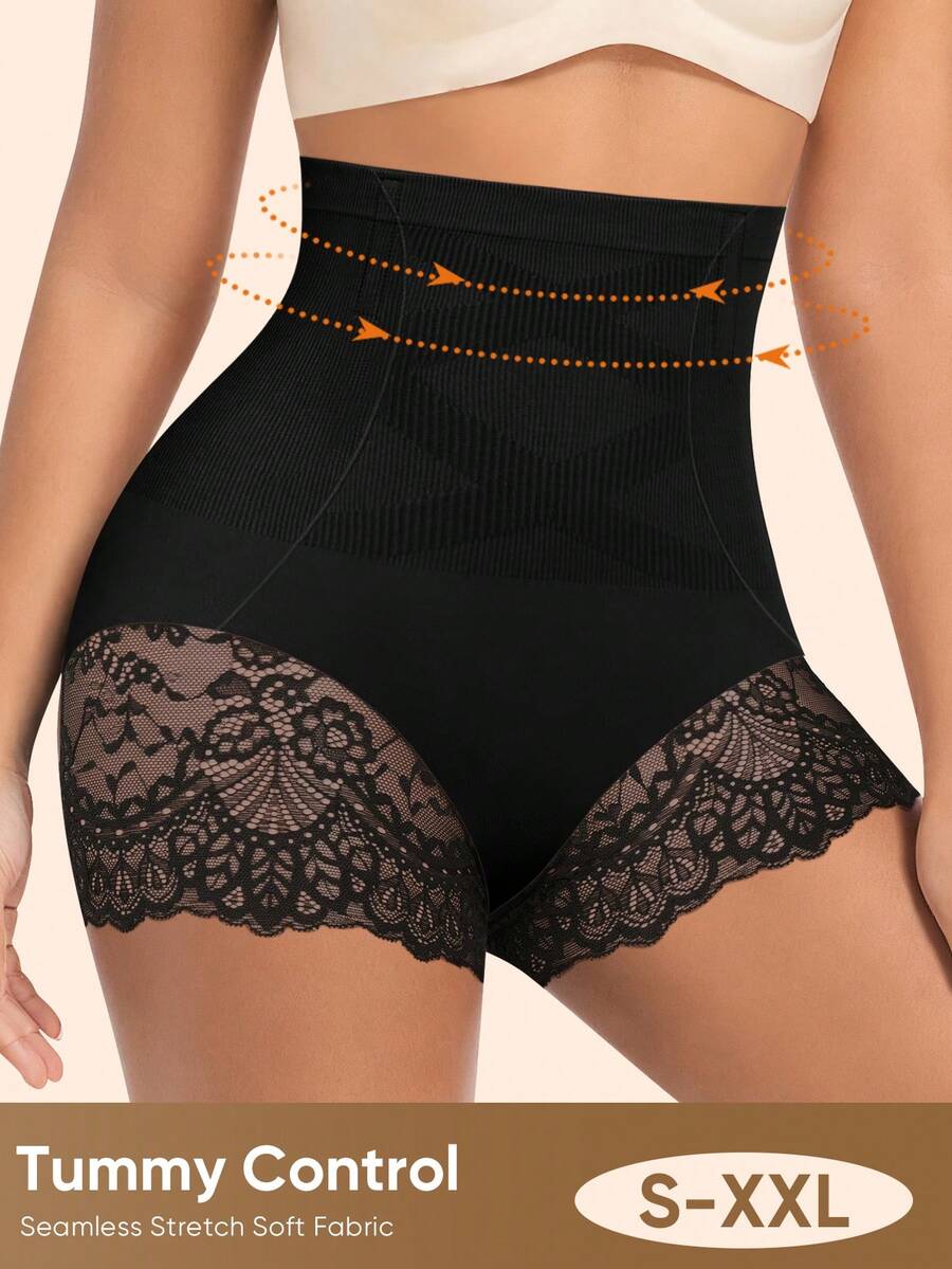MIOTAN 1pc Women High Waist Lace Patchwork Shaping Tummy Control Slimming Leggings - Black - View 1