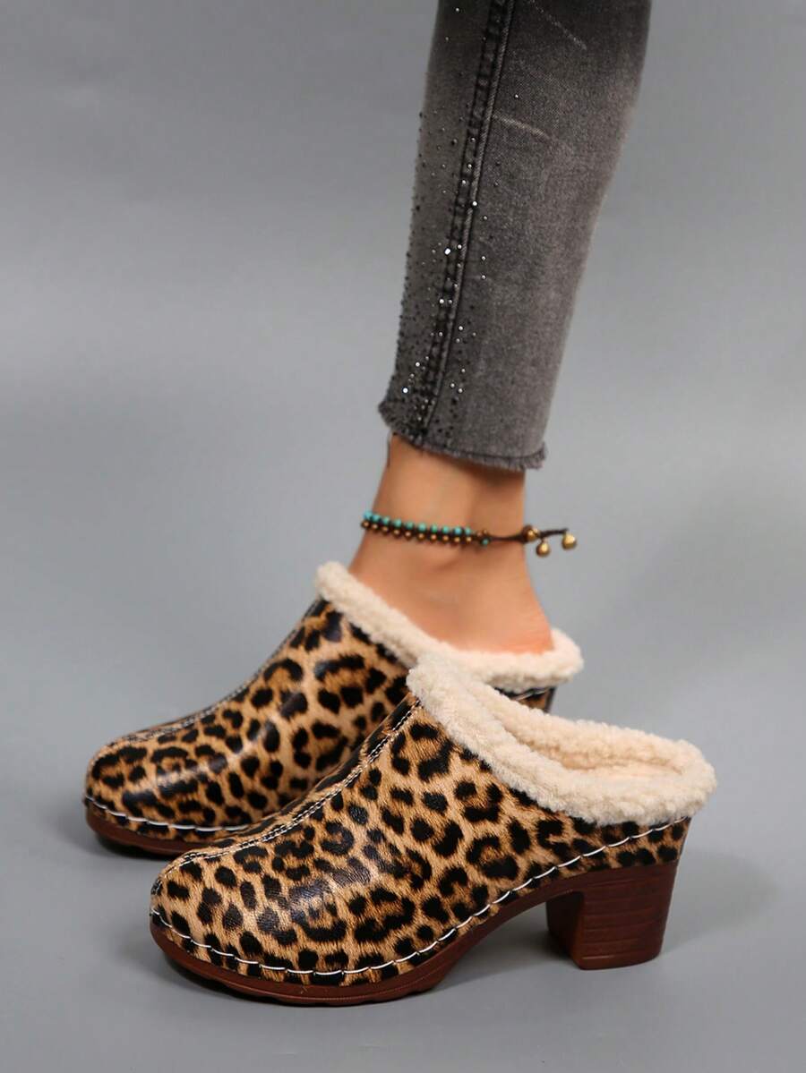 Leopard Print High Heel Pumps For Women, Autumn/Winter Comfortable Fluffy Slip-On Mule Slippers, Suitable For Autumn/Winter Everyday And Indoor Wear