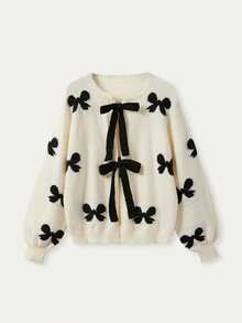 FOR BEAUTY Round Neck Bow Tie Long Sleeve Knitted Cardigan, Loose Fashion Elegant Versatile Front Tie Sweater Jacket, New Year Knitted Cardigan - Apricot - View 3