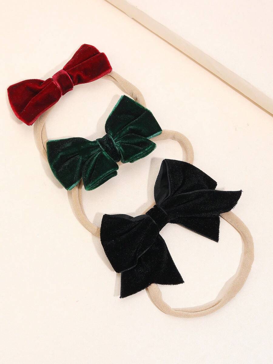 3pcs Velvet Headbands For Baby Solid Color Hair Bow Hairbands Elastic Nylon Bands Fall Winter Baby Headbands Wine Red Black Dark Green Velvet Bow Soft Stretchy Casual Daily Headpiece Kids Baby Hair Accessories
