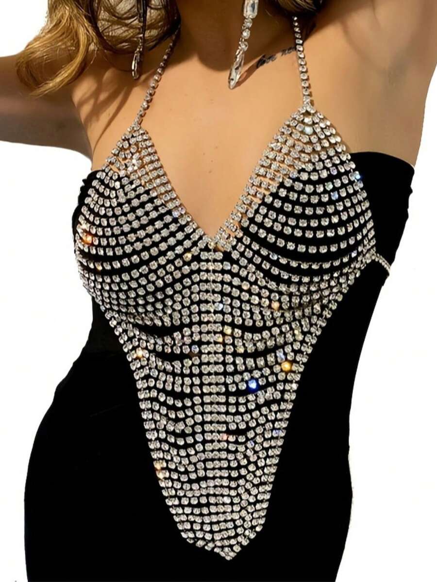 1 buc lanț de piept boem sexy cu ciucuri cristaline strălucitoare, colier de bijuterii pentru bikini pentru club de noapte, petrecere pe plajă