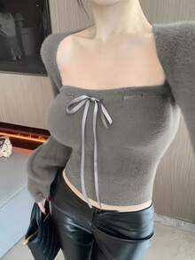 2pcs Sexy & Alluring Grey Cropped Camisole Top & Faux Fur Long Sleeve Sweater Shawl Set, Suitable For Dates, Commuting, Christmas, New Year