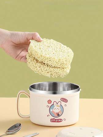 1个不锈钢泡面碗带盖可沥水宿舍大容量泡面碗学生泡面神器食堂方便面碗不锈钢便当盒个人专用便当盒带把手创意卡通贴纸泡面碗兔子/熊可爱贴纸泡面碗米色/蓝色 (送餐具1套)