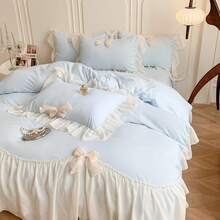 Aesthetic Girls Twin Comforter Cover Set, Romantic French Princess Style Ruffled Duvet Cover With Lovely Bow And Zipper Closure - Pink, Twin Size - 藍色 - 查看 5