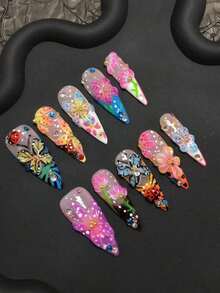 10-Piece Y2K Style Handcrafted Square Press-On Nails Set - Handmade With Handcrafted Ladybugs, Colorful Carved Butterflies, Pink-Blue Small Flowers, Yellow-Blue-White-Purple-Brown French Tips, As Well As Sparkling Blue-Pink-White Rhinestones And Golden Small Steel Ball Accents. Suitable For Women And Girls, Ideal For Parties, Festivals And Daily Wear. Includes A Tool Kit, Handmade Press-On Nails, Fake Nail Tips And Nail Supplies. (Random Delivery) - 隨機 - 查看 1