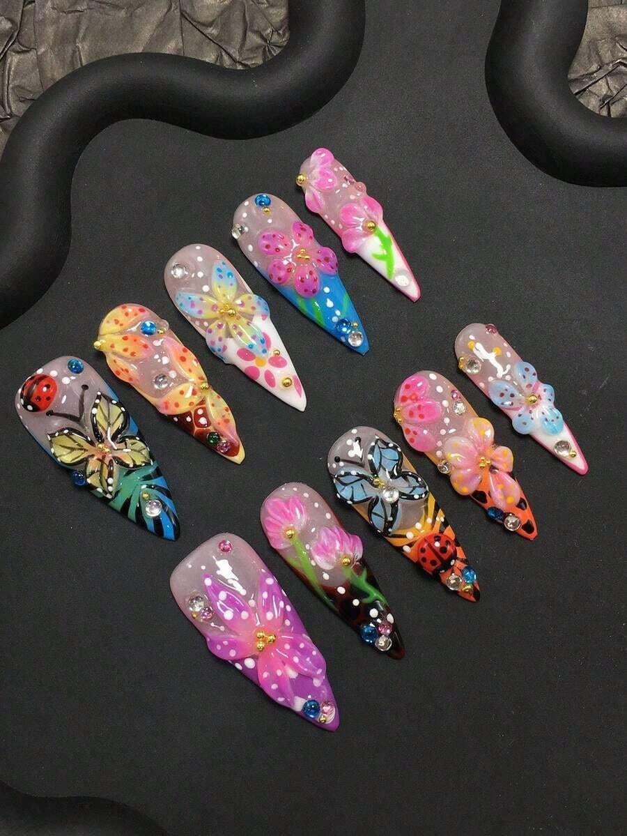 10-Piece Y2K Style Handcrafted Square Press-On Nails Set - Handmade With Handcrafted Ladybugs, Colorful Carved Butterflies, Pink-Blue Small Flowers, Yellow-Blue-White-Purple-Brown French Tips, As Well As Sparkling Blue-Pink-White Rhinestones And Golden Small Steel Ball Accents. Suitable For Women And Girls, Ideal For Parties, Festivals And Daily Wear. Includes A Tool Kit, Handmade Press-On Nails, Fake Nail Tips And Nail Supplies. (Random Delivery) - 隨機 - 查看 1