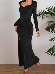 Onicee 夏季连衣裙 黑色情人节套装 女士时尚长袖丝绒开衩派对连衣裙，优雅连衣裙，适合情人节、约会、聚会、派对、旅行、度假、海滩和其他场合 - 黑色 - 查看 10