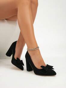 女士新款黑色高跟鞋，优质仿麂皮可爱蝴蝶结简约百搭通勤办公室工作性感派对包头粗跟一脚蹬浅口鞋，四季皆宜 - 黑色 - 查看 2