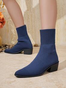 Nowe modne damskie botki do kostki, jednokolorowe, wciągane, z noskiem w szpic, na wysokim obcasie, z dzianiny z elastyczną podeszwą, codzienne buty do pracy na świeżym powietrzu