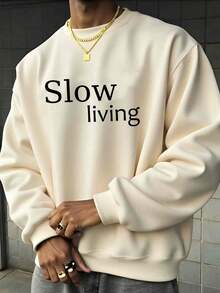 Slow Living   Print Pullover Sweatshirt For Men Casual Modern Comfortable Streetwear Fashion Top Soft Fabric Relaxed Fit  Graphic Design Long Sleeve Crewneck - Màu be - Xem 1