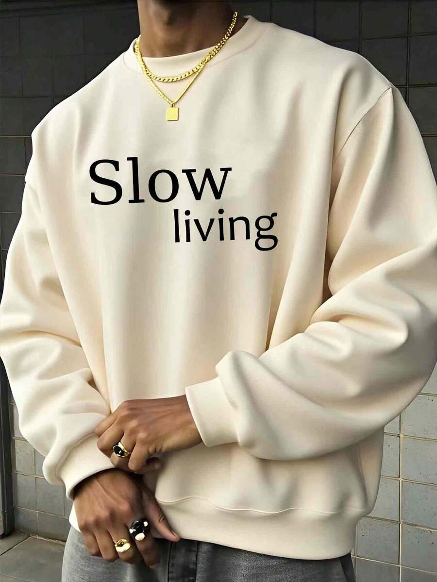 Slow Living   Print Pullover Sweatshirt For Men Casual Modern Comfortable Streetwear Fashion Top Soft Fabric Relaxed Fit  Graphic Design Long Sleeve Crewneck - Màu be - Xem 1