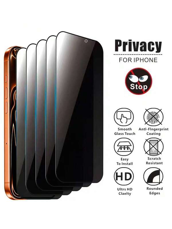 5 Packs Privacy Tempered Glass Phone Screen Protector For IPhone 17/17Pro/17ProMax/Air/16E/16/16Pro/16Plus/16ProMax/15/15Pro/15Plus/15ProMax/14/14Plus/14Pro/14ProMax/13/13Pro/13ProMax/12/12Pro/12ProMax/11Pro, Perfect Fit, Edge To Edge Coverage, Durable Material, Durable Glass, Privacy Filter, Tempered Shield, Mobile Protection Browser, Compatible With IPhone Users