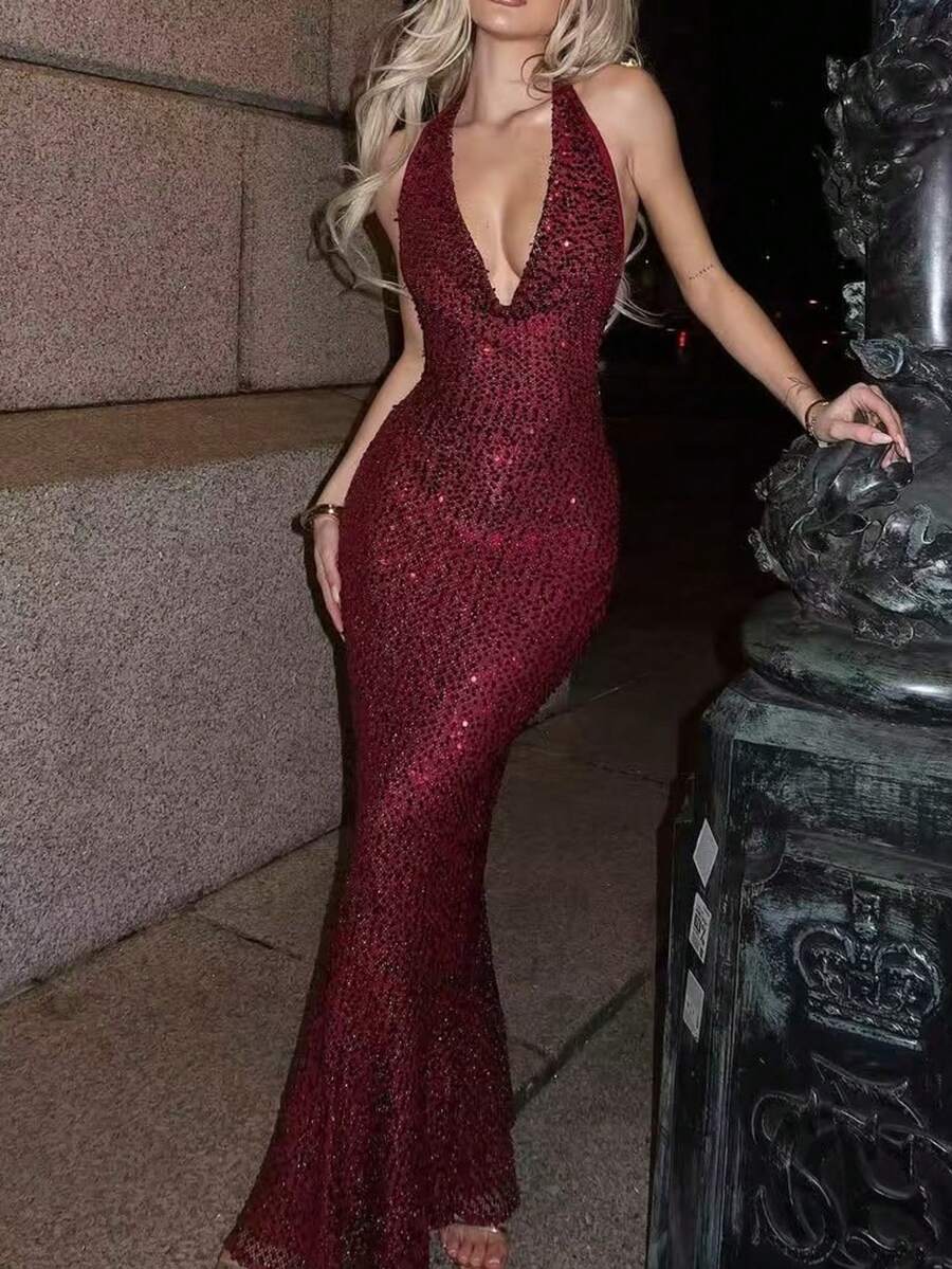 StyleQye 女士优雅简约精致法式时尚闪亮派对露背拉链连衣裙、正式晚礼服、约会之夜 - 中紫紅色 - 查看 1