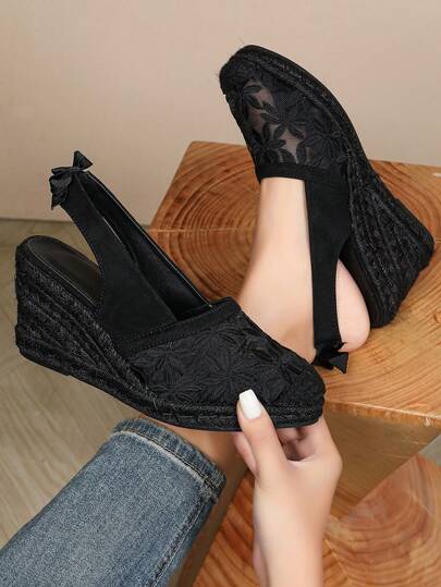 女士透气蝴蝶结弹力网草绳时尚休闲坡跟鞋