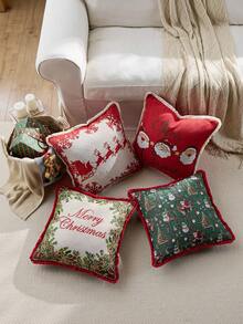 1pc Christmas Santa Claus Tassel Decorative Throw Pillow Case Cover, Front Jacquard Fabric, Back Plush Fabric, Square Cushion Cover, Holiday Home Pillow Decor, Soft Velvet Material, Modern Decor For Sofa, Home & Bedroom - Green - View 8