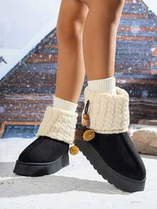 时尚百搭，保暖内衬，可爱又保暖，短绒内衬，厚底舒适，踝靴，短筒显瘦，防滑筒，外穿，针织袜套，雪地靴，适合冬季，毛绒靴 - 黑色 - 查看 6