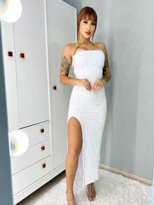 Women's Long, Strapless, Bare-Back, Braided Dress With Bum-Lifting, Elegant Party Slit - 白色 - 查看 4