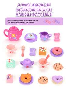 小女孩茶会套装，假装茶壶/糕点套装，公主茶时间玩厨房玩具，带茶壶、杯子，适合 4 5 6 岁儿童生日复活节礼物 - 彩色 - 查看 2