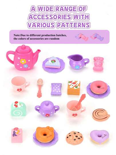 小女孩茶会套装，假装茶壶/糕点套装，公主茶时间玩厨房玩具，带茶壶、杯子，适合 4 5 6 岁儿童生日复活节礼物