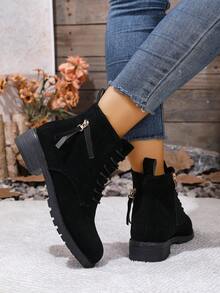 Damen Schnür-Reißverschluss Mode Knöchelstiefel, Gummi-Flachsohle bequem und langanhaltend, einfache Fütterung atmungsaktiv, Veloursleder Material mit matter Oberfläche, Schnür-Reißverschluss Dekordesign für einfaches An- und Ausziehen, passt gut zu Kleidern für einen Retro-Look, klassische nackte Farbe ist immer im, vielseitig für Alltagsfahrten und Partywear geeignet