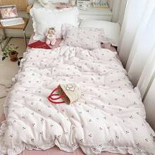 Muslin Duvet Cover With Ruffled Edges, 1 Piece Cotton Comforter Cover 47X59'', Pattern 2-Layer Gauze Bedding, No Quilt Or Pillowcases, Bedroom Essential - 櫻桃 - 查看 12