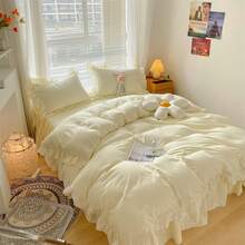 Chic Ruffle Lace Polyester Duvet Cover Set - Girl White Bedding - 2 Piece Twin Comforter Duvet Cover With Zipper Closure - Ultra Soft And Lightweight (White, Twin) - NO Comforter Included - 淡黃色 - 查看 2