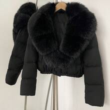 OFTBUY 女式纯色梭织面料仿毛领夹克，秋冬休闲街头服饰 - 全黑 - 查看 4