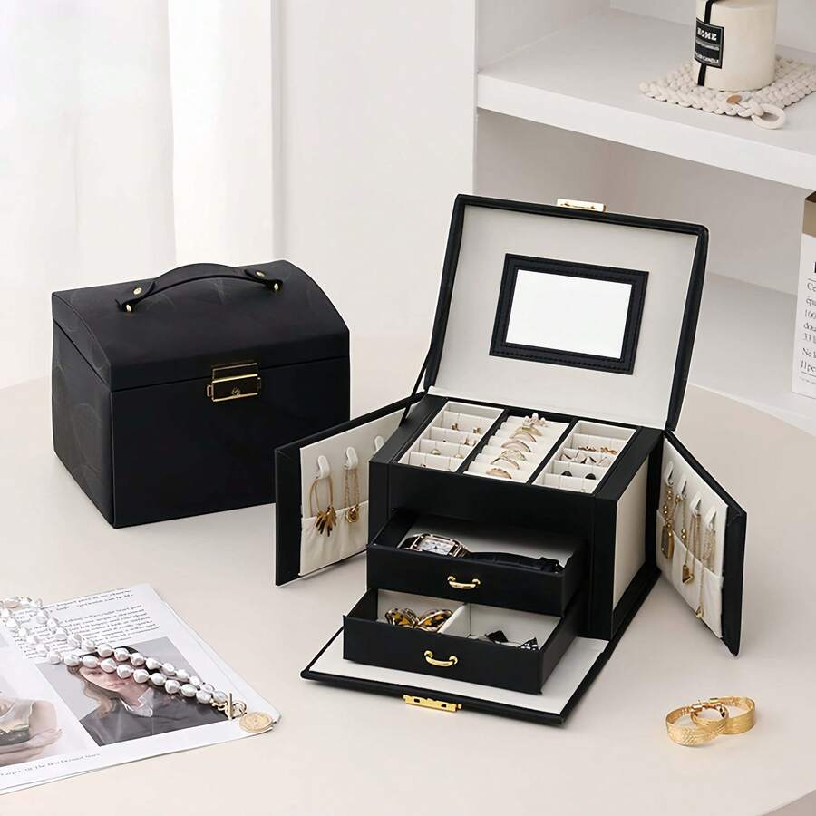 KYPHIREL 3-Layer Handheld Double-Door Jewelry Box With 2 Drawers, Faux Leather, Large Capacity Jewelry Display Box Suitable For Bracelets, Earrings, Rings, Necklaces, Holiday Gift For Women Friends - Multicolor - View 1