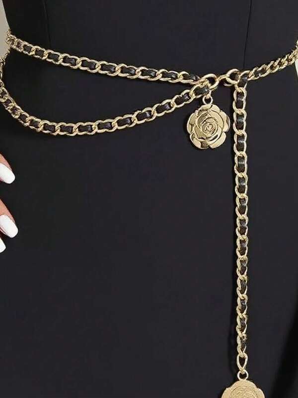 1 pieza Cadena de cintura con colgante de flor de camelia de moda, adecuada para atuendos de otoño/invierno, uso diario y de fiesta, regalo