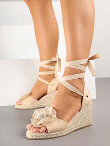 Espadrilles compensées à fleurs 3D pour femmes - Été/Plage, Casual - Beige - Voir 2