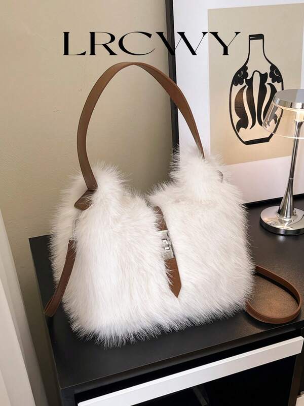 1pc Women's Handbag, Fluffy Autumn/Winter Fashion Buckle Design Minimalist Crescent Shoulder Bag, White