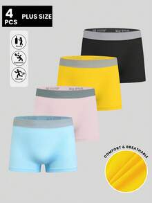 4pcs/Pack Plus Size Men's Simple Solid Color Elastic Waist Basic Boxer Briefs, Seamless Comfortable Breathable Sports Shorts