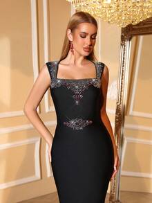 Love Aing Rhinestone Embellished Vintage Luxurious Formal Evening Party Elegant Dress, Women's Black Glamorous Ball Gown