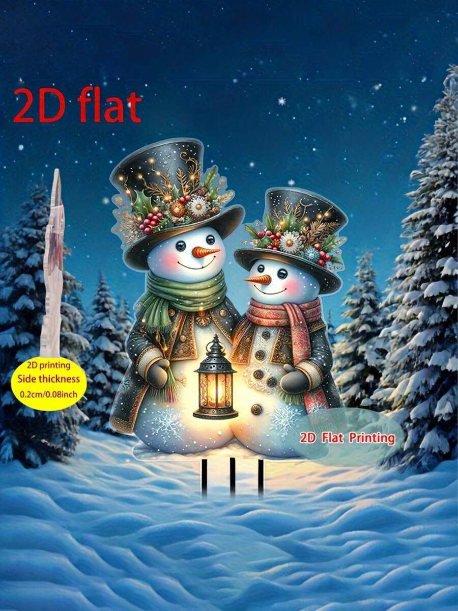 2D Flat, 1pc Outdoor Garden Decor With Snowman Decoration & Lantern, Thin Lightweight Winter Scene, - For Lawn, Garden, Windowsill - Christmas Outdoor/Indoor Decor - Easy Installation, Snowflake Decorations, Garden Decorative Stakes,Holiday Charm Accents