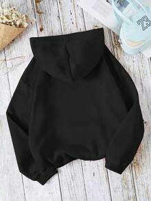 Sudadera unisex casual con bolsillo tipo canguro, capucha y cordón ajustable, estilo holgado, cuello redondo, manga larga, ideal para otoño e invierno, perfecta para uso diario - Negro - Ver 2