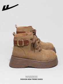 WARRIOR 1 Pair Women's Thick Sole Boots, 2025 Autumn New Arrival, Thick Sole Fashionable Short Boots, Outdoor Wear, Retro British Style Khaki Short Boots