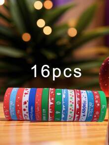 16pcs Christmas Element Silicone Wristbands & Vibrant Color Holiday Wristbands, Suitable For Holiday Gifts And Wear
