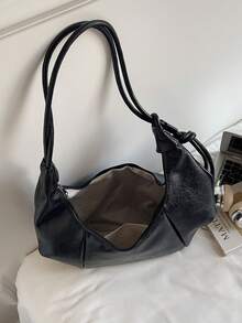 1pc Solid Color PU Shoulder Bag, Fashionable Large Capacity Crescent-Shaped Handbag Suitable For Adult Women, Stylish Outfit And Outdoor Shopping - Black - View 5