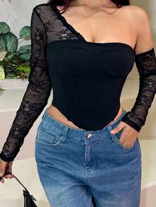 Onicee Women's Autumn Fashion Sexy Lace Patchwork Oblique Shoulder Long Sleeve Blouse - Black - View 8