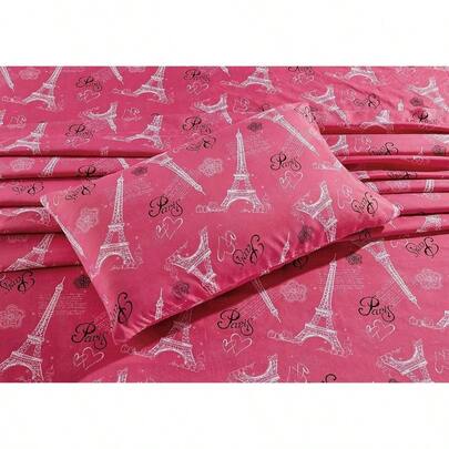 Paris Tower con corazones y flores, juego de sbanas para niasniosadolescentes con fundas de almohada, sbanas planas y bajeras rosa Pars,