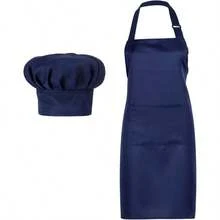 2 Pcs Chef Costume Women Men Chef Hat Apron Set Adult Baker Apron Hat Cooking CosplayRed, White, Plaid Style - 海軍藍+純色風格 - 查看 1