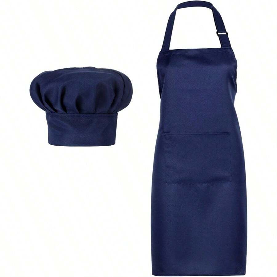 2 Pcs Chef Costume Women Men Chef Hat Apron Set Adult Baker Apron Hat Cooking CosplayRed, White, Plaid Style - 海軍藍+純色風格 - 查看 1