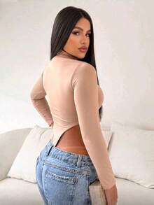 Pamela Bodysuit With Long Sleeves And High Neck Simple Elegant Casual Party GRINGA FASHION - 杏色 - 查看 2